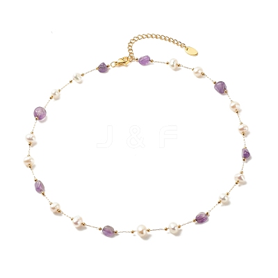 Natural Amethyst & Pearl Beaded Necklace NJEW-JN03894-03-1