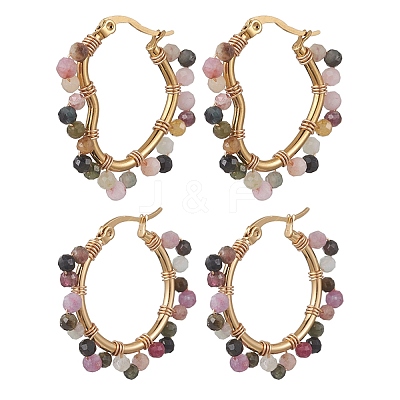 2 Pairs 2 Styles Natural Multicolor Tourmaline Hoop Earrings EJEW-JE06942-1
