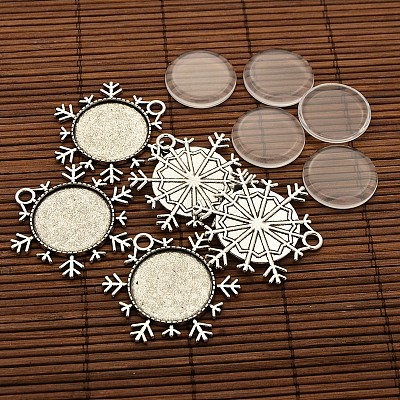 25x4mm Dome Transparent Glass Cabochons and Christmas Ornaments Antique Silver Alloy Snowflake Pendant Cabochon Settings DIY DIY-X0181-AS-1