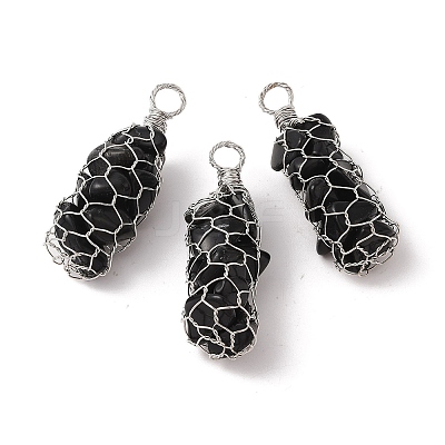 Rack Plating Copper Wire Wrapped Natural Obsidian Chip Big Pendants G-C130-01P-07-1