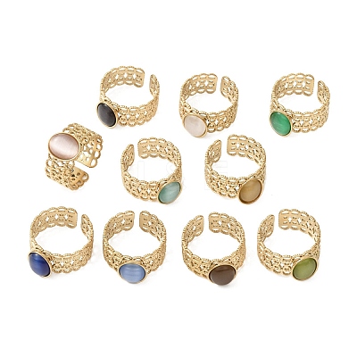 304 Stainless Steel with Glass Cat Eye Cuff Rings for Women RJEW-K309-40B-1
