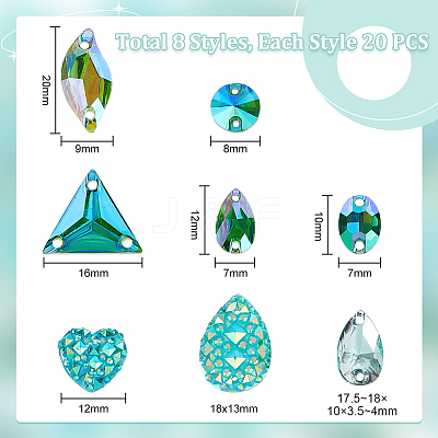 160Pcs 8 Style Green Series Sew on Rhinestone RESI-PH0002-04A-1