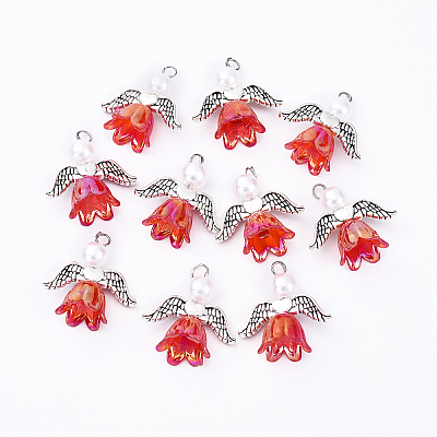 10Pcs Acrylic & Imitation Pearl Flower Angel Pendants PALLOY-YW00055-04-1
