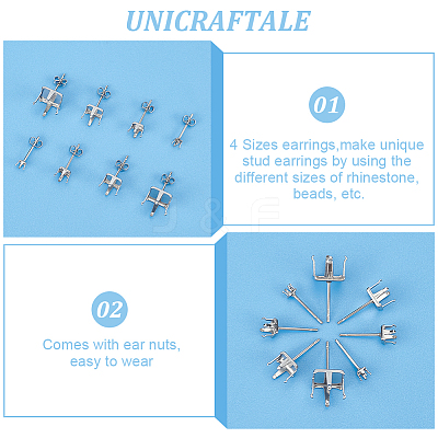 80Pcs 4 Style 304 Stainless Steel Square Stud Earring Settings STAS-UN0050-41-1