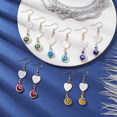 Natural Shell Heart & Lampwork Evil Eye Dangle Earrings EJEW-MZ00121-1