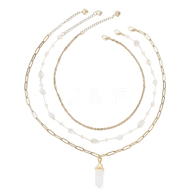 Natural Rose Quartz Double Terminated Pointed Bullet Pendant 304 Stainless Steel & Brass Chain 3 Layer Necklaces for Women NJEW-JN05477-04-1