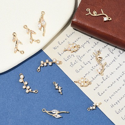 6Pcs 6 Styles Brass Micro Pave Cubic Zirconia Leaf Branch Links Connector Charms KK-YW0004-38-RS-1