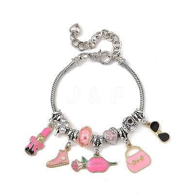 Makeup Theme Alloy Enamel Lipstick Handbag Shoe Charm Brass European Bracelets for Women BJEW-JB14237-02-1