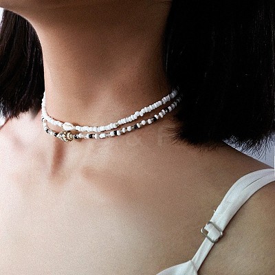 Bohemian Ethnic Style Natural Shell & Glass Seed Beaded Double Layer Choker Necklaces FS-WG063D6-01-1