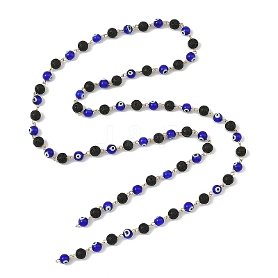 Round Handmade Evil Eye Lampwork Beaded & Natural Lava Rock Beaded Chain AJEW-JB01662-1