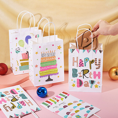 8Pcs 4 Styles Birthday Rectangle Paper Gift Bags with Rope Handles ABAG-TA0001-70-1