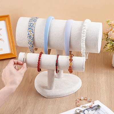 2 T Bar Wood Covered with Velvet Bracelet Display Stands with Heart Base ODIS-WH0099-66A-1