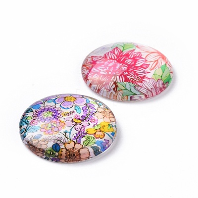 Half Round/Dome Floral Printed Glass Cabochons GGLA-A002-25mm-UU-1