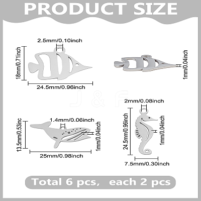 6Pcs 3 Styles 304 Stainless Steel Pendants STAS-LP0003-24-1