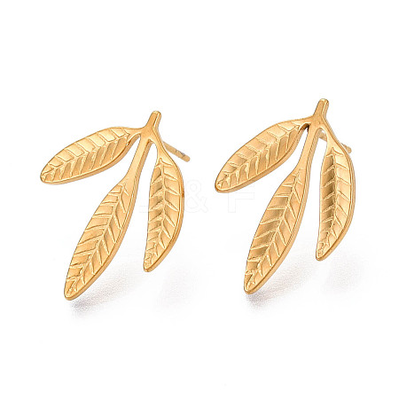 Ion Plating(IP) 304 Stainless Steel Leaf Stud Earrings for Women EJEW-F300-11G-1