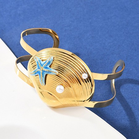 Shell Shape 304 Stainless Steel Enamel Cuff Bangles for Women BJEW-A049-04B-G-1