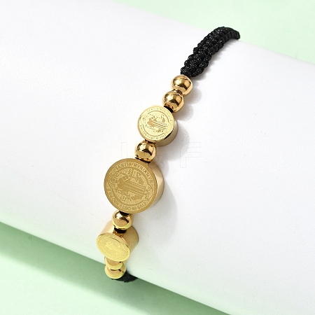 Adjustable 304 Stainless Steel Flat Round with Saint Benedict Braided Bead Bracelets for Women BJEW-K295-03G-02-1