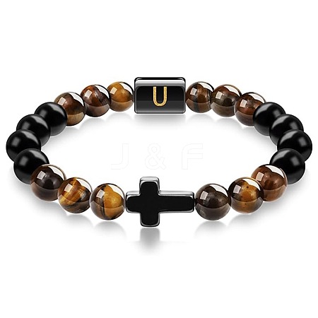 8MM Natural Tiger Eye and Matte Black Obsidian Round Beaded Stretch Bracelets SL9862-21-1