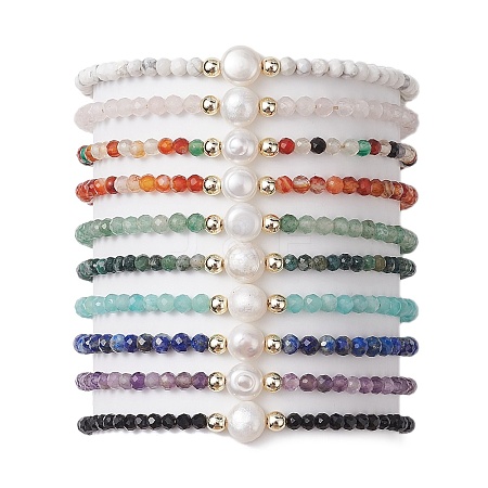 10Pcs 10 Style Faceted Round Natural & Synthetic Mixed Gemstone Beaded Stretch Bracelets Set BJEW-JB10168-1