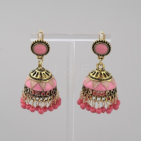 Ethnic Style 3D Enamel Bell with Seed Beeded Dangle Stud Earrings EJEW-WH0047-33E-1