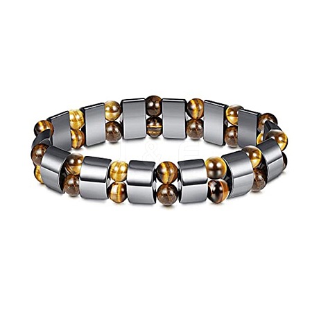 8mm Round Naturla Tiger Eye & Half Round Synthetic Non-magnetic Hematite Beaded Stretch Bracelets for Women Men UP4024-1-1