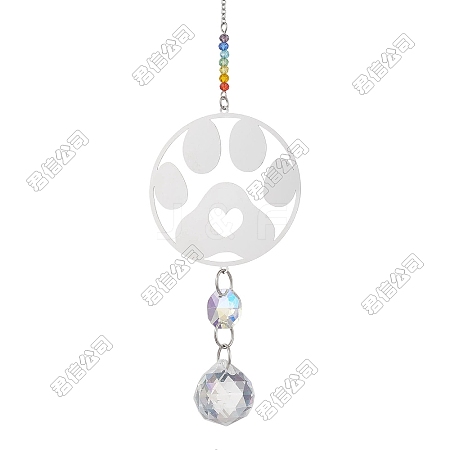 2Pcs 201 Stainless Steel Paw Print Shape & Rainbow Crystal Glass Hanging Suncatcher HJEW-TA00447-1