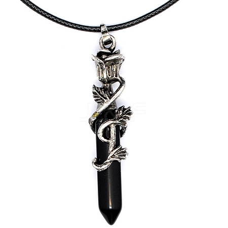 Metal Rose Flower Wrapped Pointed Natural Obsidian Bullet Pendant Necklaces PW-WG450FA-07-1