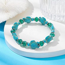 Synthetic Turquoise Turtle & Glass Beaded Stretch Bracelet BJEW-JB09763