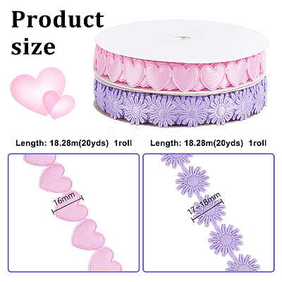 2 Rolls 2 Styles Heart & Flower Polyester Lace Ribbon OCOR-PH0004-66B-1