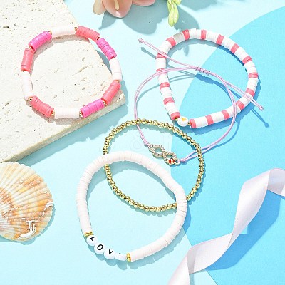 5Pcs 5 Style Polymer Clay Heishi & Word Love Beaded Stretch Bracelets Set BJEW-TA00297-1
