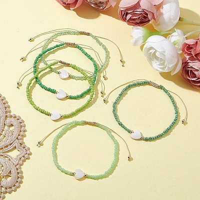 5Pcs 5 Colors Natural Shell Heart & Seed Braided Bead Bracelets Set BJEW-JB10039-03-1