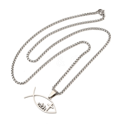201 Stainless Steel Jesus Fish Cross Pendant Box Chain Necklaces LS-NJEW-Q002-06P-1