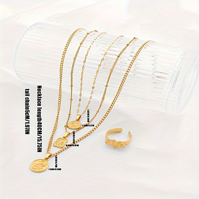 Oval/Flat Round/Rectangle with Rose Pattern 304 Stainless Steel Pendant Necklaces & Ginkgo Leaf Cuff Ring Sets FS-WGBCCD7-01-1