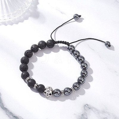 Non-Magnetic Synthetic Hematite & Natural Lava Rock Beads Braided Bead Bracelets BJEW-JB12611-03-1