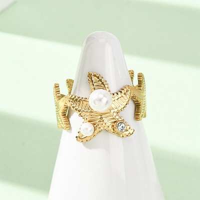 304 Stainless Steel Cubic Zirconia with Plastic Pearls Cuff Open Rings for Women CU-CBAA1FE-01G-1