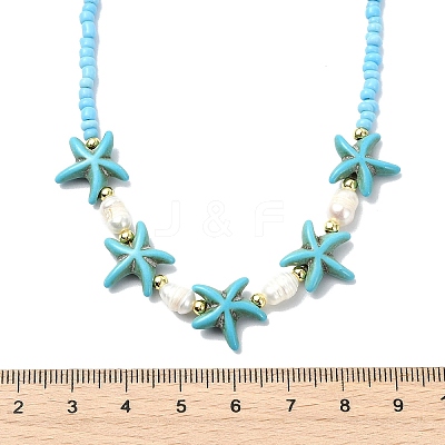 2Pcs 2 Styles Ocean Turtle Starfish Synthetic Turquoise & Natural Pearl & Glass Seed Beaded Necklaces NJEW-JN06130-04-1