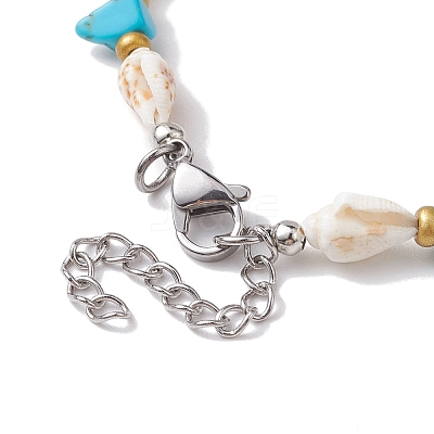 Synthetic Turquoise Chips & Natural Trumpet Shell Beaded Anklets AJEW-AN00585-1