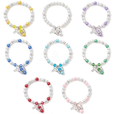 8Pcs Alloy & Pearlized Glass Pearl Beads Stretch Bracelets for Women BJEW-JB11364-1