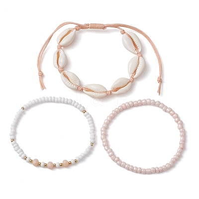 Summer Beach Natural Mixed Cowrie Shell Glass & Alloy Beaded Stretch Bracelet & Braided Bead Bracelets Sets BJEW-JB10838-1