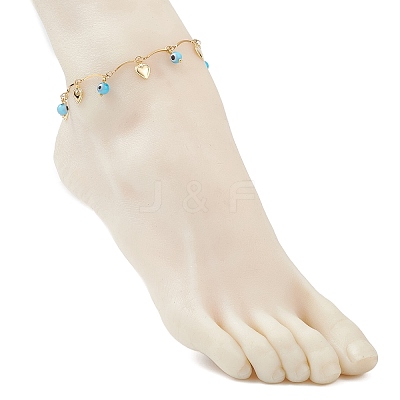 Handmade Evil Eye Lampwork & Stainless Steel Heart Tassel 304 Stainless Steel Curved Bar Link Chain Anklets for Women AJEW-AN00742-03-1