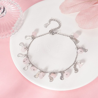 Natural Rose Quartz Chips & Cat Charms Anklet AJEW-AN00512-03-1