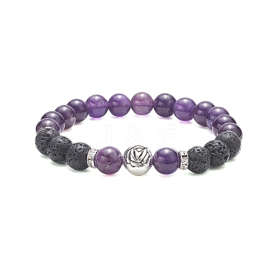 Natural Lava Rock & Mixed Gemstone & Alloy Rose Beaded Stretch Bracelets BJEW-JB09401-1