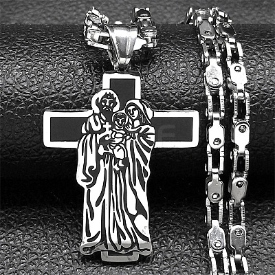 Religion 201 Stainless Steel Enamel Black Virgin Mary Cross Pendant Necklaces NJEW-C104-02A-1
