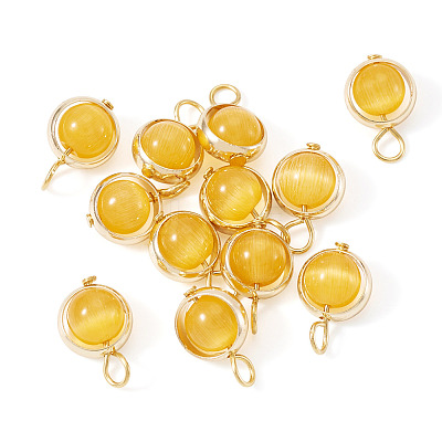 12Pcs Brass & Glass Imitation Cat Eye Round Charms PALLOY-TAC0237-02-1