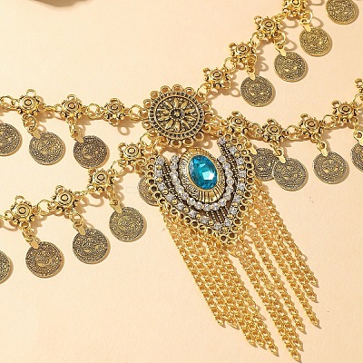 Ethnic Style Alloy Sapphire Rhinestone Heart Coin Tassel Double Layer Waist Belly Chains for Women FS-WG95DA8-01-1