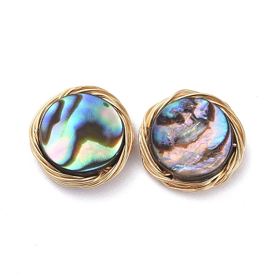 Abalone Shell/Paua Shell Copper Wire Wrapped Flat Round Cabochons PALLOY-JF00418-01-1