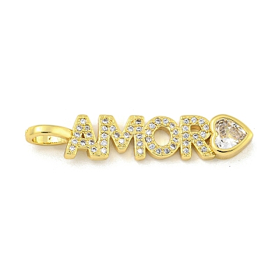 Word AMOR Rack Plating Brass Micro Pave Clear Cubic Zirconia Pendants KK-Z053-11G-01-1