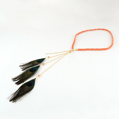Woman's Dyed Feather Braided Suede Cord Headbands OHAR-R184-05-1