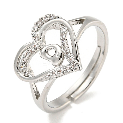 Heart with Letter Rack Plating Brass Micro Pave Clear Cubic Zirconia Adjustable Rings for Women RJEW-I105-01P-D-1