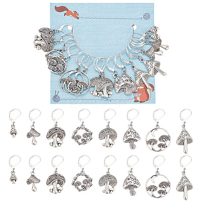 16Pcs 8 Style Mushroom Tibetan Style Alloy Pendant Stitch Markers HJEW-NB00018-1